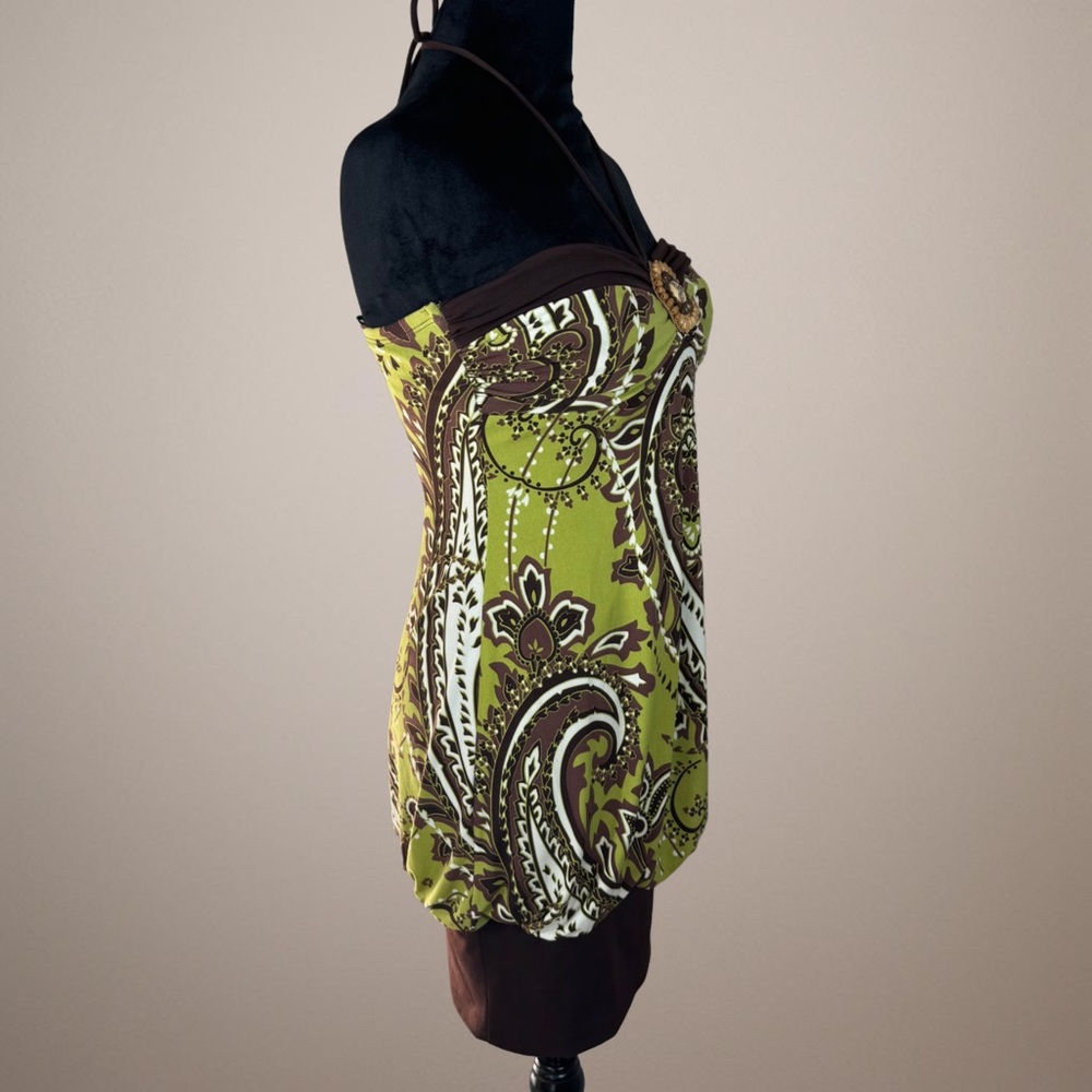Vintage City Triangles Green Paisley Strapless Halter Tank with Brown Trim - Picture 6 of 13